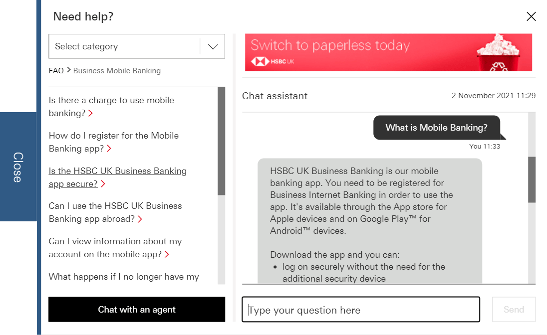 HSBC chat assistant on the FAQ  page 