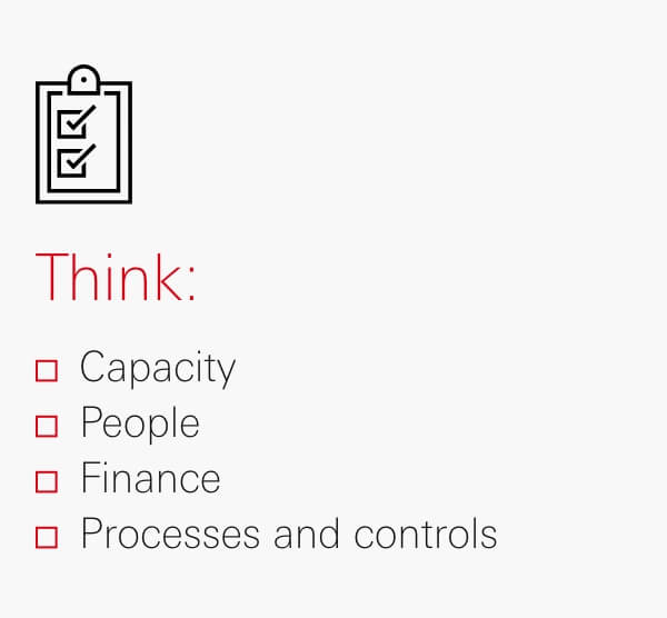 Is your business ready? Think: Capacity, People, Finance, Processes and controls Is your business ready? Think: Capacity, People, Finance, Processes and controls