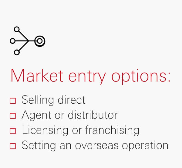Market entry options: Selling direct, Agent or Distributor, Licensing or Franchising, Setting an overseas operation