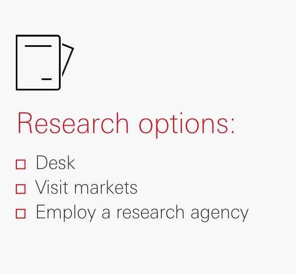 Research options: Desk, Visit markets, Employ a research agency