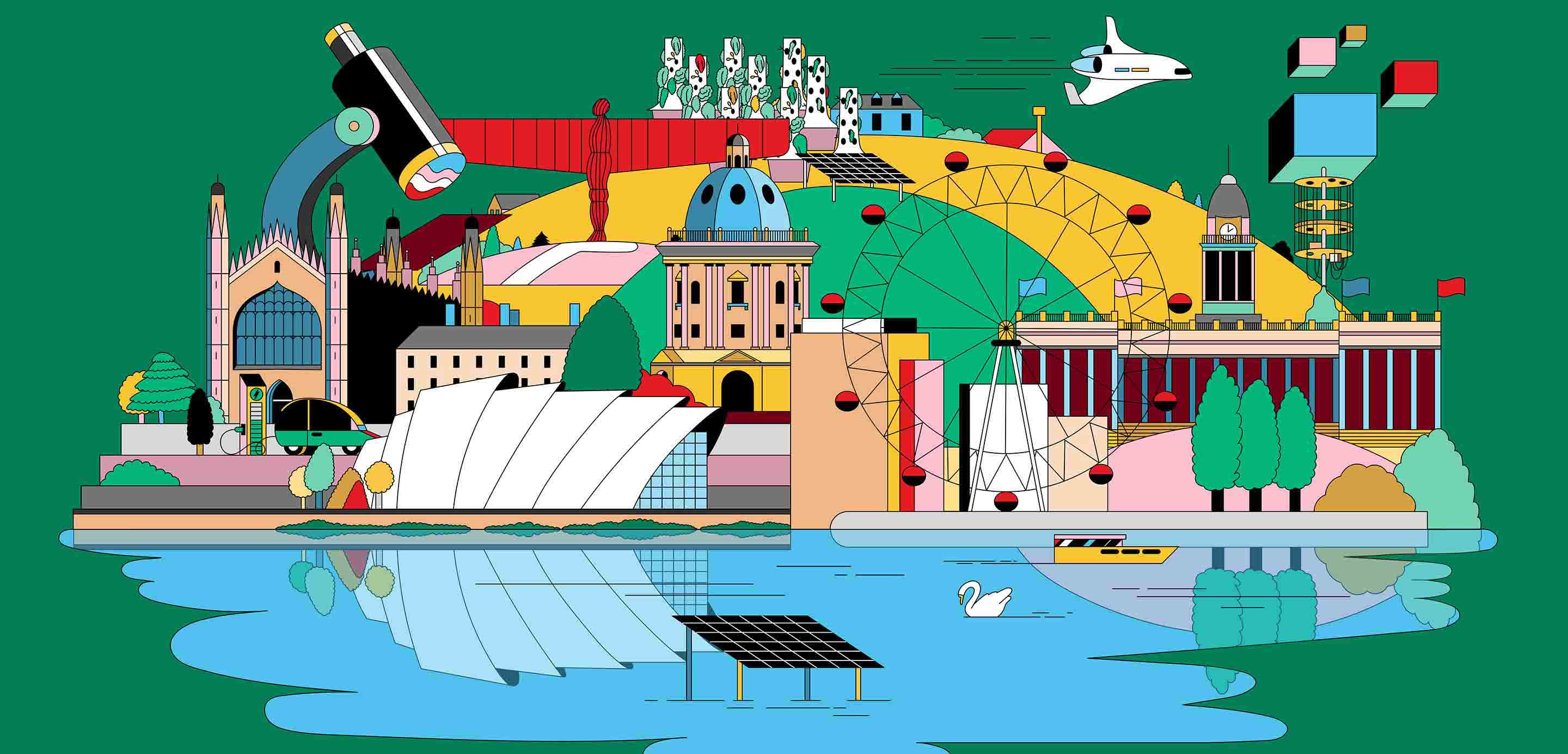 Colourful illustration depicting city landmarks