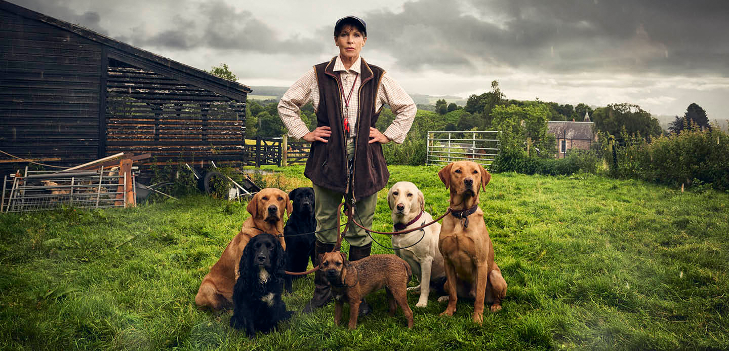 Dawn standing in a field with 6 dogs in training. Dawn standing in a field with 6 dogs in training.