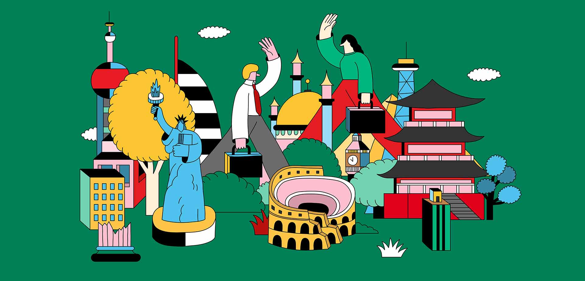Illustration showing a business man and woman carrying suitcases and walking by global landmarks Illustration showing a business man and woman carrying suitcases and walking by global landmarks