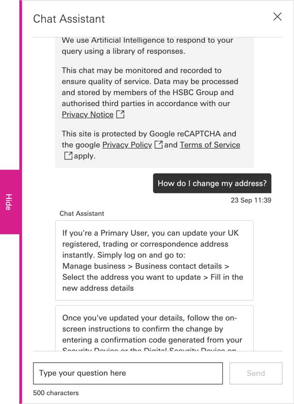 HSBC chat assistant on the FAQ  page 
