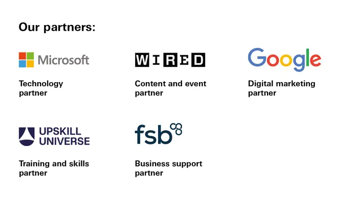 Partners logos: Microsoft, Wired, Google, Upskill Universe, FSB Partners logos: Microsoft, Wired, Google, Upskill Universe, FSB